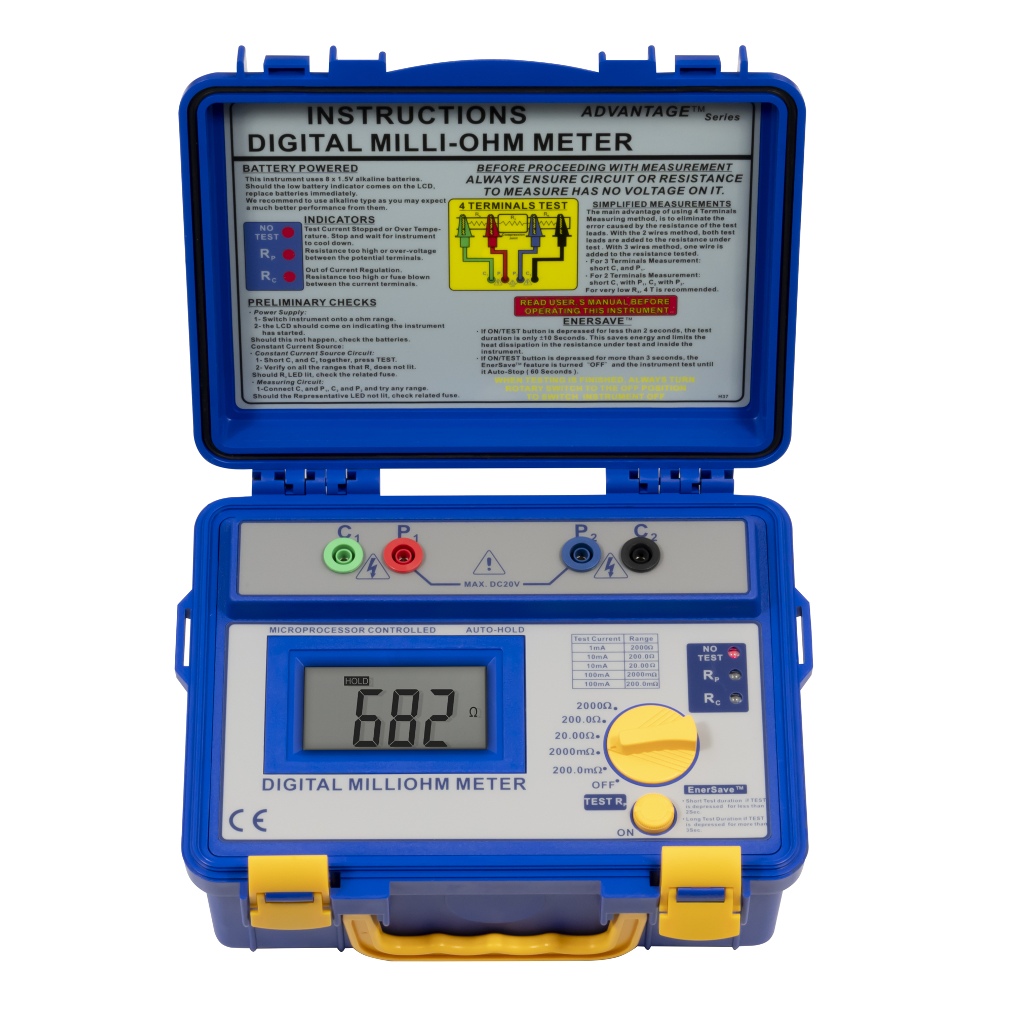 PCE Milliohmmeter — Ruggedized, Waterproof Carrying Case, 4 Test Leads with Clips, Model# PCE-MO 2002